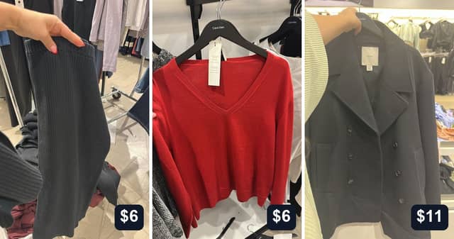 A Calvin Klein skirt and sweater at $6 each, a coat for $11. Prices are from the price tags in the store.