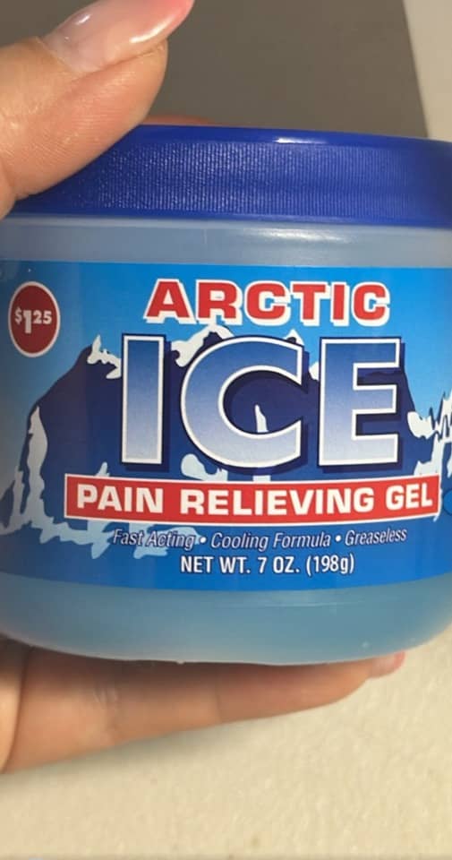 Arctic Ice Pain Relieving Gel up close: the blue jar, a sticker with the $1.25 price