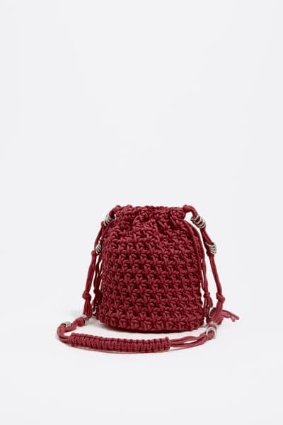 Мини-сумка-бакет из плетёного кроше, бордовая 4