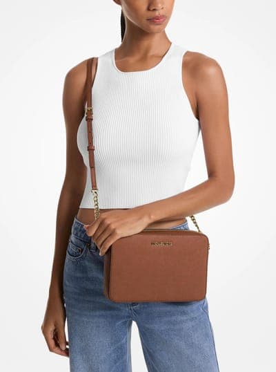 Michael Kors Outlet Jet Set Large Saffiano Leather Crossbody Bag 10