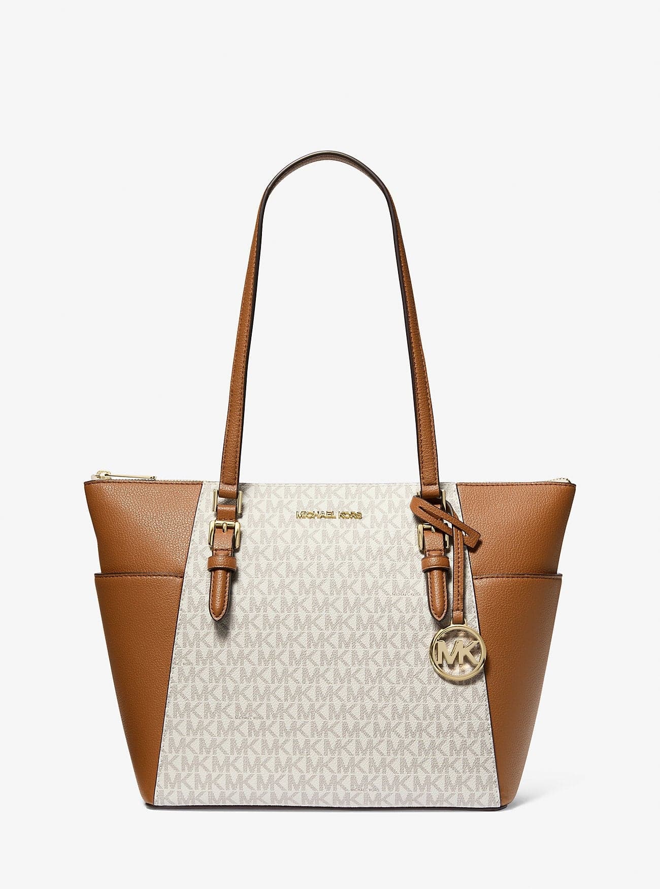 Michael Kors Outlet Charlotte Large Logo and Leather Top-Zip Tote Bag