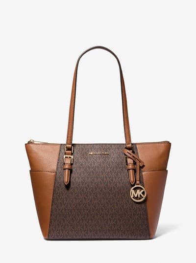 Michael Kors Outlet Charlotte Large Logo and Leather Top-Zip Tote Bag 4