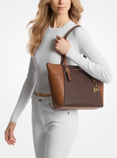 Michael Kors Outlet Charlotte Large Logo and Leather Top-Zip Tote Bag 6