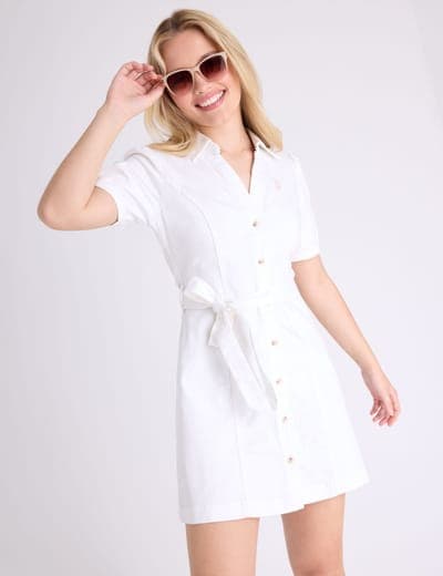 PUFF SLEEVE BELTED DENIM DRESS 2