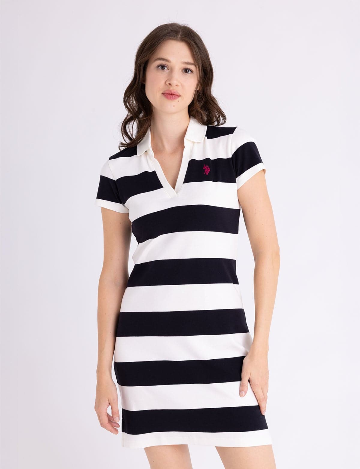 Y-PLACKET RUGBY STRIPE SLIM FIT POLO DRESS