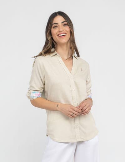 WATER FLORAL LINEN ROLL SLEEVE SHIRT 1