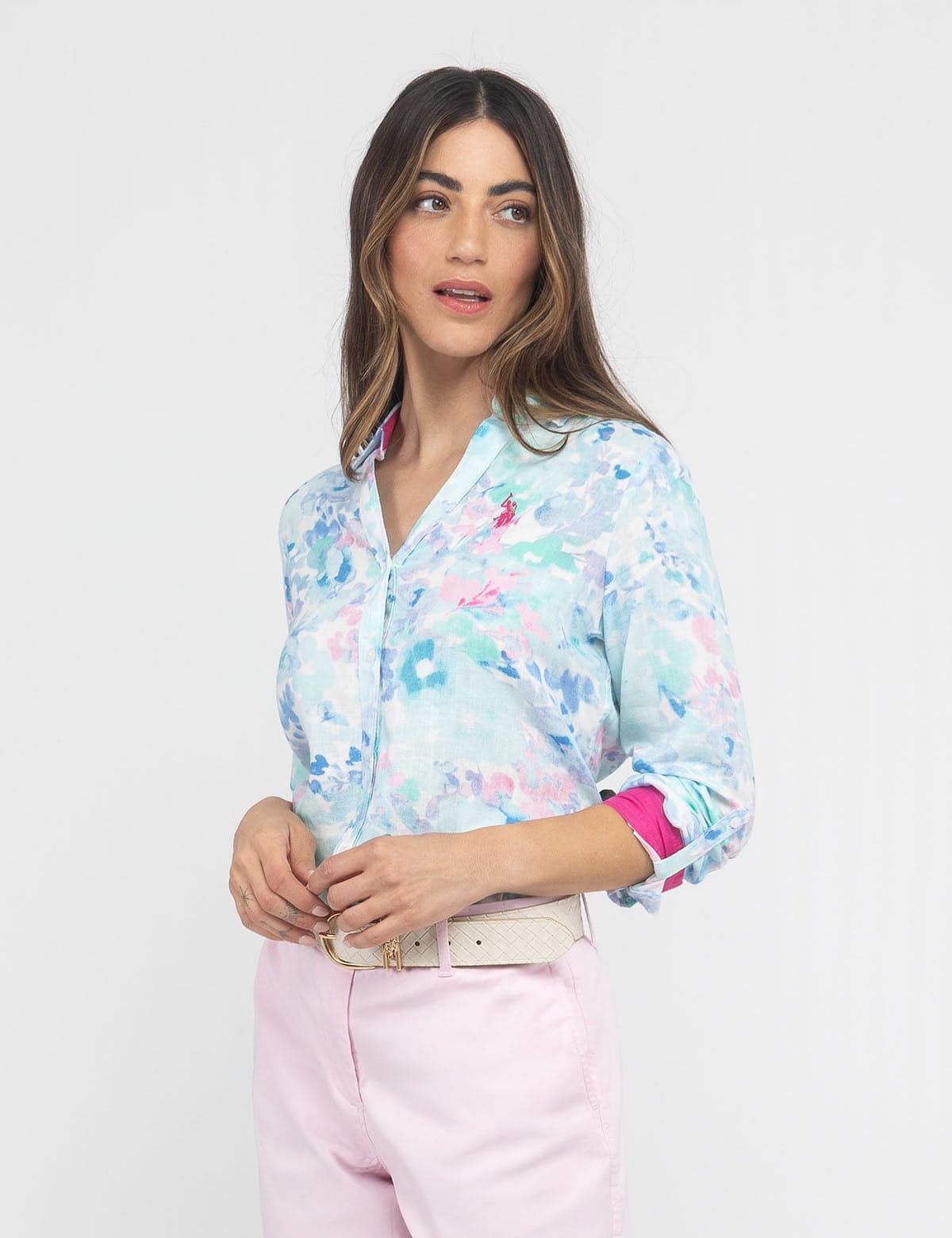 WATER FLORAL LINEN ROLL SLEEVE SHIRT