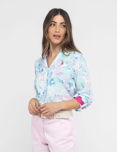 WATER FLORAL LINEN ROLL SLEEVE SHIRT 1