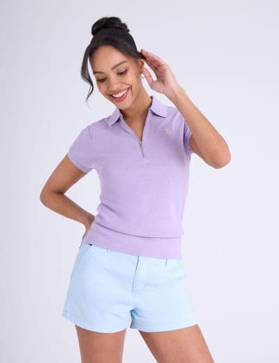 HALF ZIP PUFF SLEEVE HEATHER POLO SHIRT 1