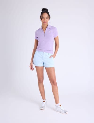 HALF ZIP PUFF SLEEVE HEATHER POLO SHIRT 5