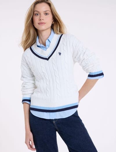 VARSITY STRIPE V-NECK CABLE SWEATER 2