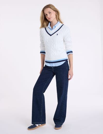 VARSITY STRIPE V-NECK CABLE SWEATER 3