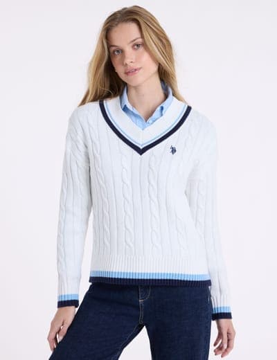VARSITY STRIPE V-NECK CABLE SWEATER 4