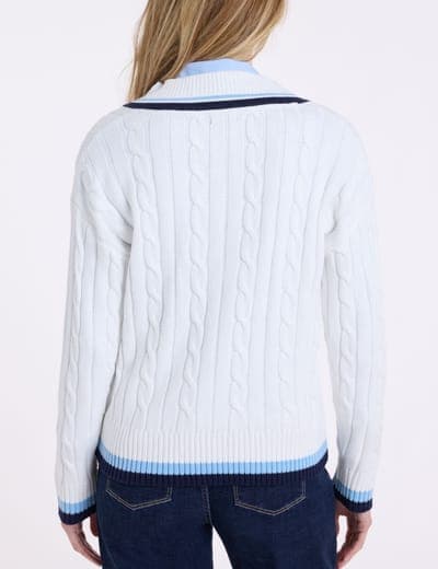 VARSITY STRIPE V-NECK CABLE SWEATER 6