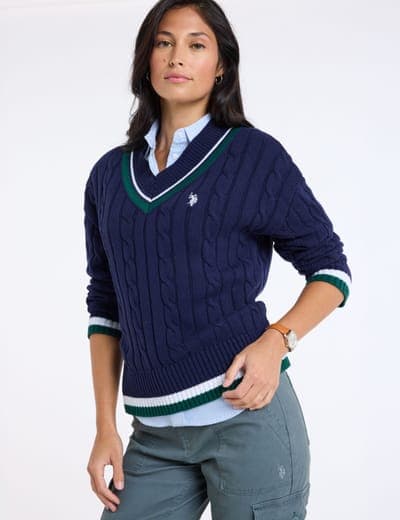VARSITY STRIPE V-NECK CABLE SWEATER 7