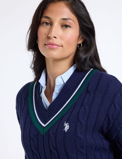 VARSITY STRIPE V-NECK CABLE SWEATER 9