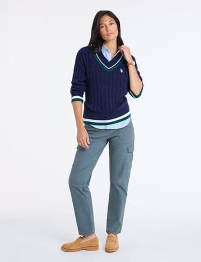 VARSITY STRIPE V-NECK CABLE SWEATER 8