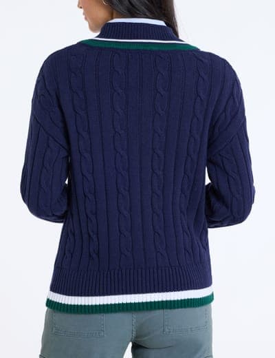 VARSITY STRIPE V-NECK CABLE SWEATER 10