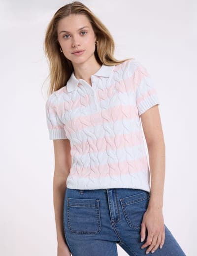 STRIPED HENLEY CABLE SWEATER POLO SHIRT 9
