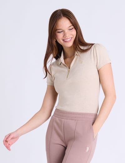 HALF ZIP PUFF SLEEVE HEATHER POLO SHIRT 1