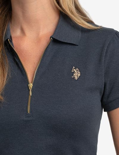 HALF ZIP PUFF SLEEVE HEATHER POLO SHIRT 9