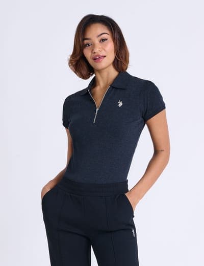 HALF ZIP PUFF SLEEVE HEATHER POLO SHIRT 6