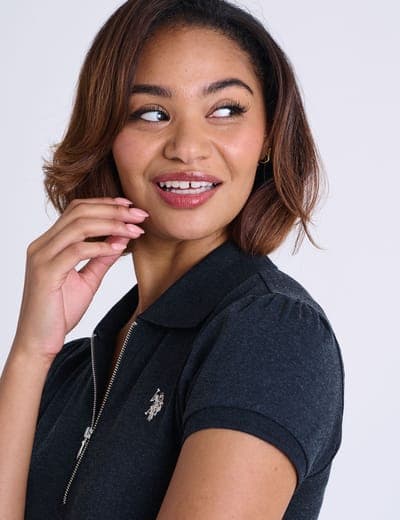 HALF ZIP PUFF SLEEVE HEATHER POLO SHIRT 7