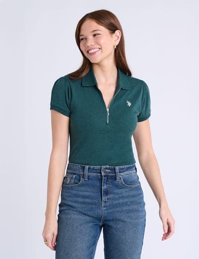 HALF ZIP PUFF SLEEVE HEATHER POLO SHIRT 11