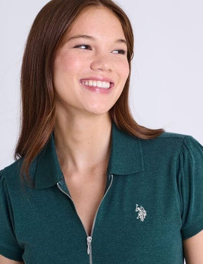 HALF ZIP PUFF SLEEVE HEATHER POLO SHIRT 12