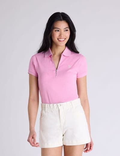 HALF ZIP PUFF SLEEVE HEATHER POLO SHIRT 1