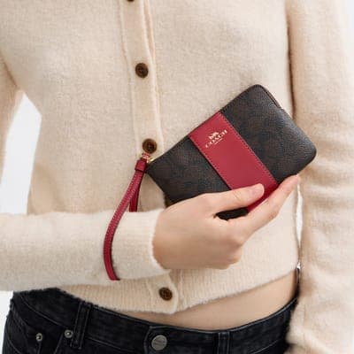 Coach Outlet Corner Zip Wristlet In Signature Canvas With Stripe 10