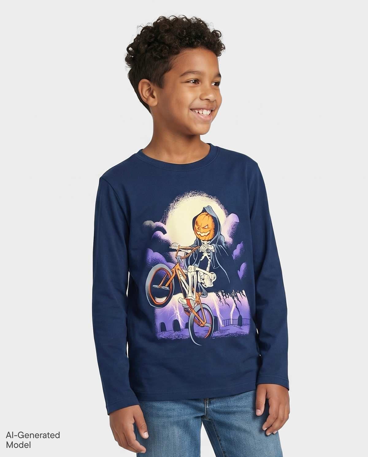 Boys Long Sleeve Halloween Pumpkin Biker Graphic Tee