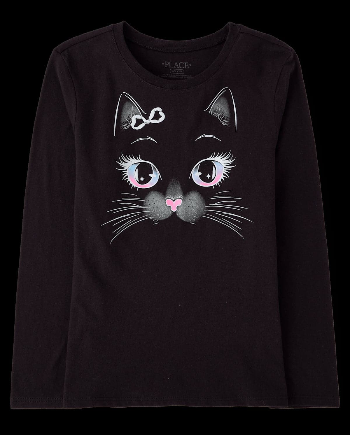 Girls Long Sleeve Glow In The Dark Halloween Cat Face Graphic Tee