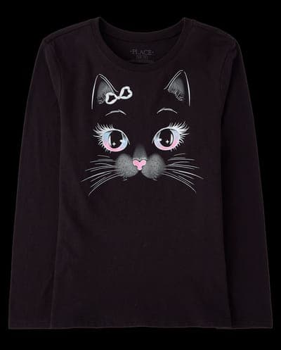 Girls Long Sleeve Glow In The Dark Halloween Cat Face Graphic Tee 1