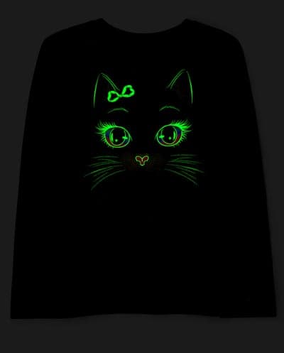 Girls Long Sleeve Glow In The Dark Halloween Cat Face Graphic Tee 2