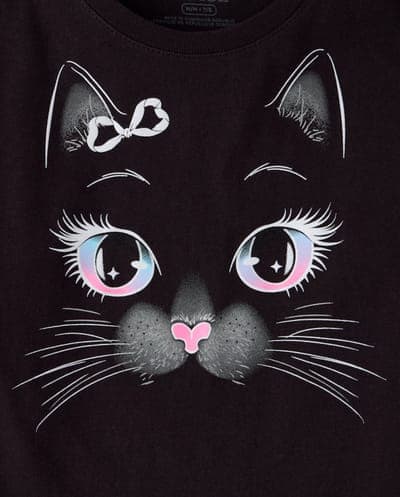 Girls Long Sleeve Glow In The Dark Halloween Cat Face Graphic Tee 3