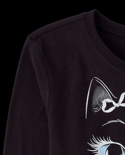 Girls Long Sleeve Glow In The Dark Halloween Cat Face Graphic Tee 4