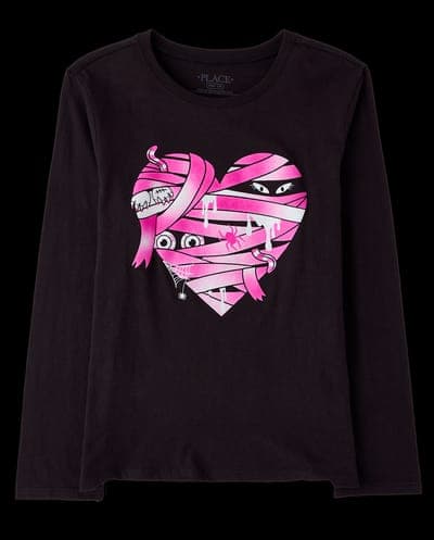 Girls Long Sleeve Glow In The Dark Halloween Mummy Heart Graphic Tee 1
