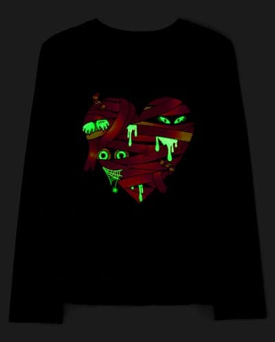 Girls Long Sleeve Glow In The Dark Halloween Mummy Heart Graphic Tee 2
