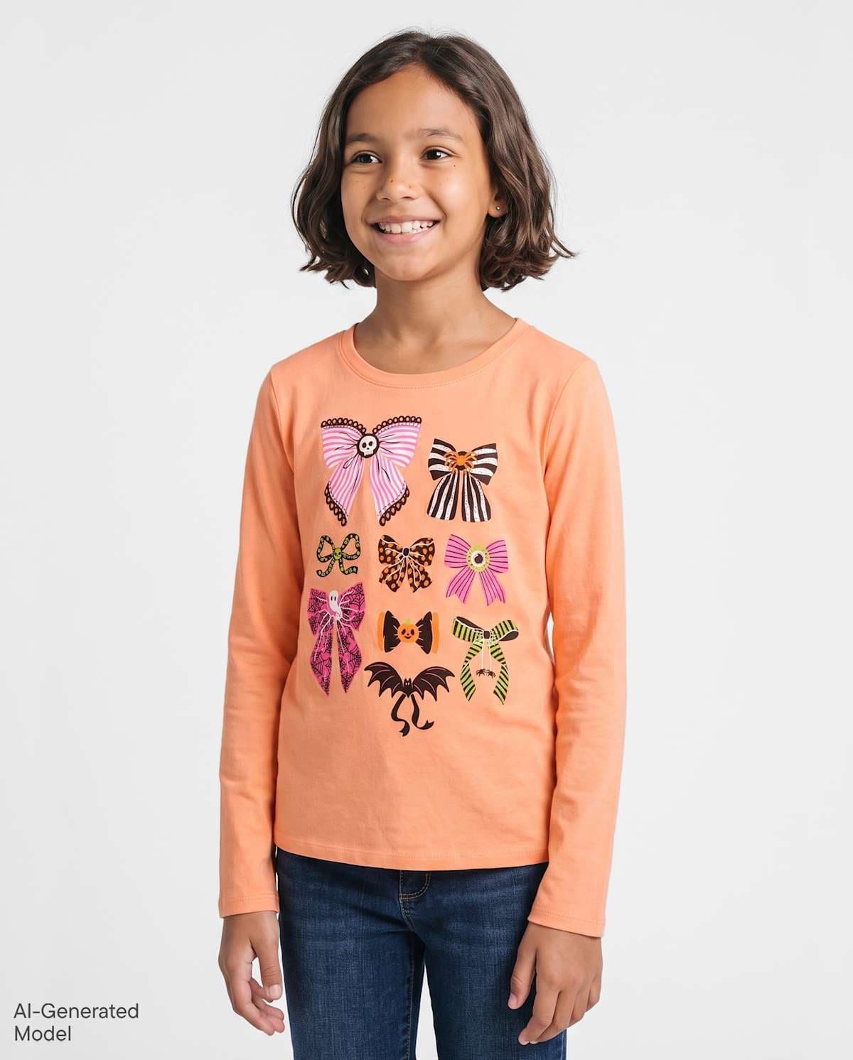 Girls Long Sleeve Halloween Bows Graphic Tee