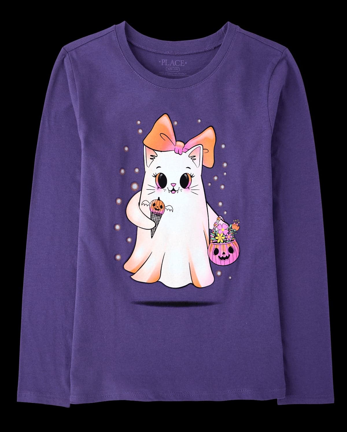 Girls Long Sleeve Halloween Ghost Bow Graphic Tee