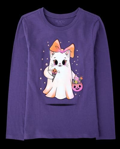 Girls Long Sleeve Halloween Ghost Bow Graphic Tee 1