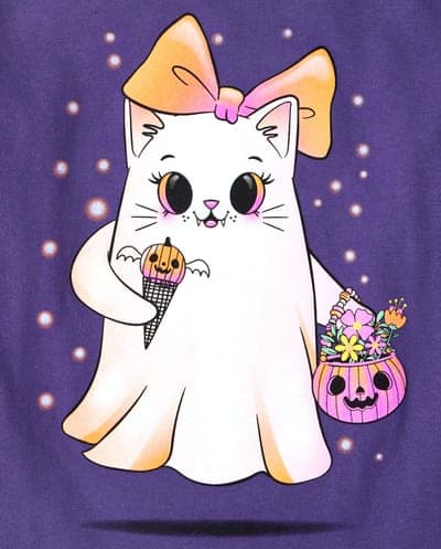 Girls Long Sleeve Halloween Ghost Bow Graphic Tee 2