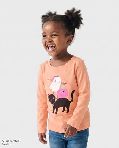 Baby And Toddler Girls Long Sleeve Halloween Cat Ghost Graphic Tee 1
