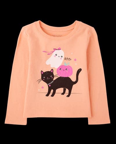 Baby And Toddler Girls Long Sleeve Halloween Cat Ghost Graphic Tee 2
