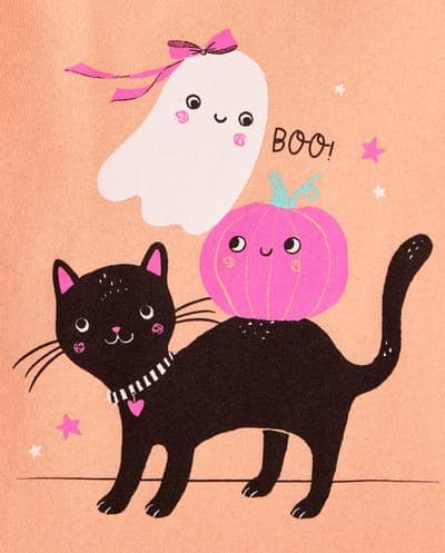 Baby And Toddler Girls Long Sleeve Halloween Cat Ghost Graphic Tee 4