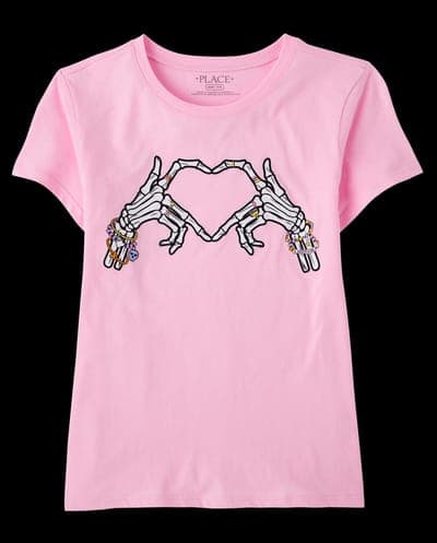 Girls Glow In The Dark Short Sleeve Halloween Skeleton Heart Graphic Tee 1