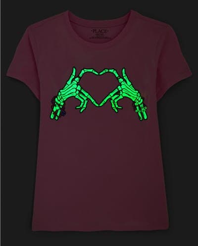Girls Glow In The Dark Short Sleeve Halloween Skeleton Heart Graphic Tee 2