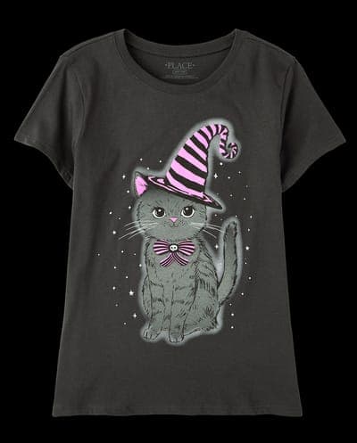 Girls Short Sleeve Glow In The Dark Halloween Cat Graphic Tee 3