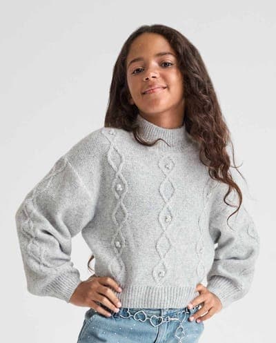 Girls Long Sleeve Faux Pearl Cable Knit Cropped Sweater 1